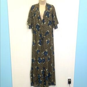 Free People - Boho Blue Floral Taupe Button Tie Waist Wide Split Leg Jumpsuit SM